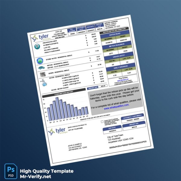 USA City of Tylertown Editable Utility Bill Template in Word and PDF formats