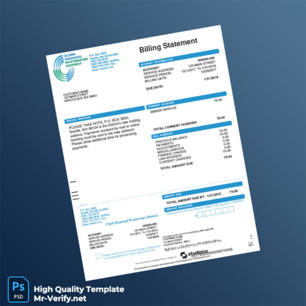 USA Clark Regional Wastewater District Editable Billing Statement Template in Word and PDF formats 2 page