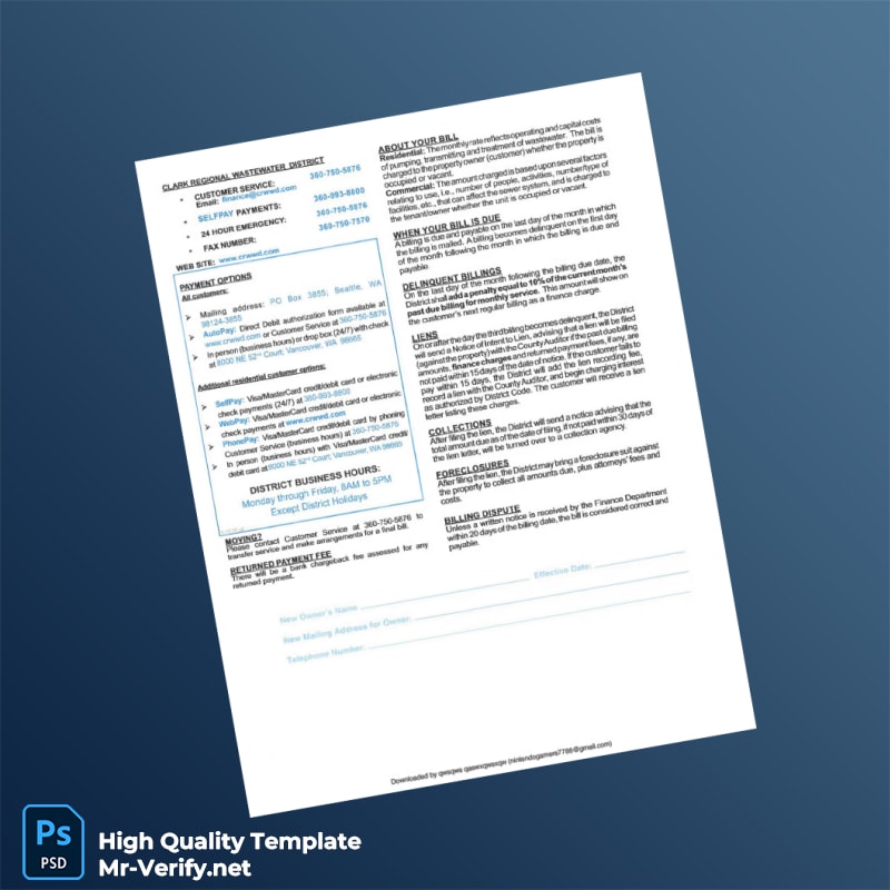 USA Clark Regional Wastewater District Editable Billing Statement Template in Word and PDF formats 2 page USA Clark Regional Wastewater District Editable Billing Statement Template in Word and PDF formats 2 page