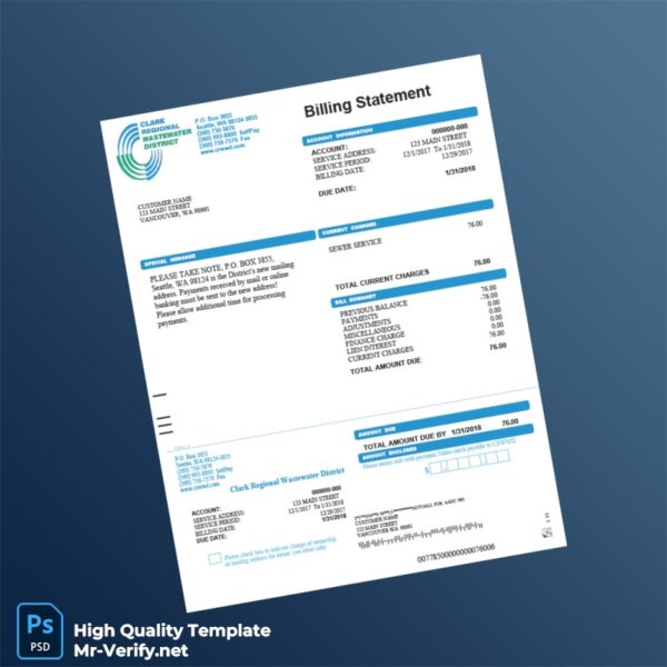 USA Clark Regional Wastewater District Editable Utility Bill Template in Word and PDF formats 2 page