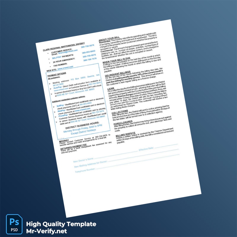 USA Clark Regional Wastewater District Editable Utility Bill Template in Word and PDF formats 2 page USA Clark Regional Wastewater District Editable Utility Bill Template in Word and PDF formats 2 page