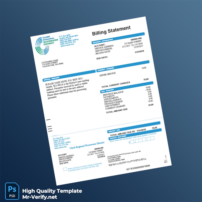 USA Clark Regional Wastewater District Editable Utility Bill Template in Word and PDF formats 2 page USA Clark Regional Wastewater District Editable Utility Bill Template in Word and PDF formats 2 page