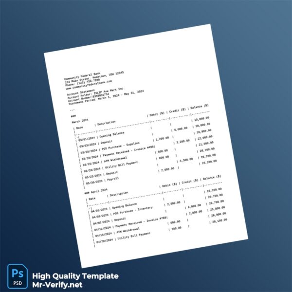 USA Community Federal Bank Editable Bank Statement Template in Word and PDF formats 2 page