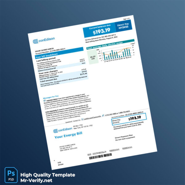 USA Con Edison Editable Electricity Bill Template in Word and PDF formats 2 page