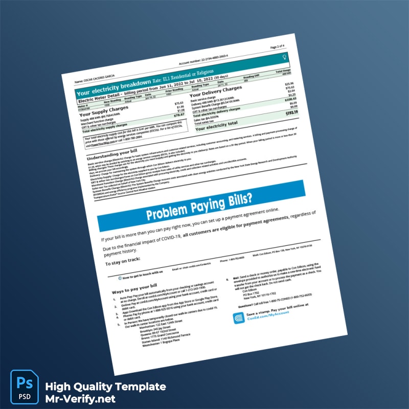 USA Con Edison Editable Electricity Bill Template in Word and PDF formats 2 page USA Con Edison Editable Electricity Bill Template in Word and PDF formats 2 page