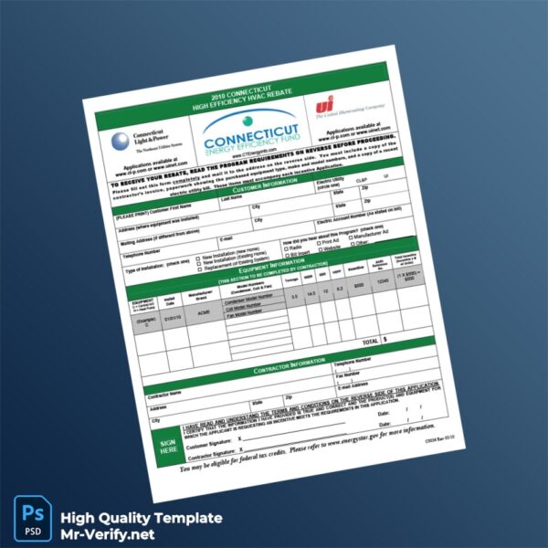USA Connecticut Editable HVAC Incentive Application Template in Word and PDF formats 2 page