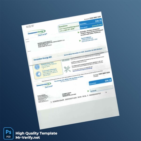 USA Consumers Energy Editable Utility Bill Template in Word and PDF formats