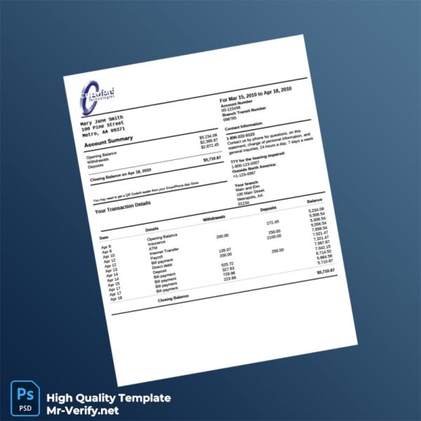 USA CrawfordTech Bank Statement Template in Word and PDF formats