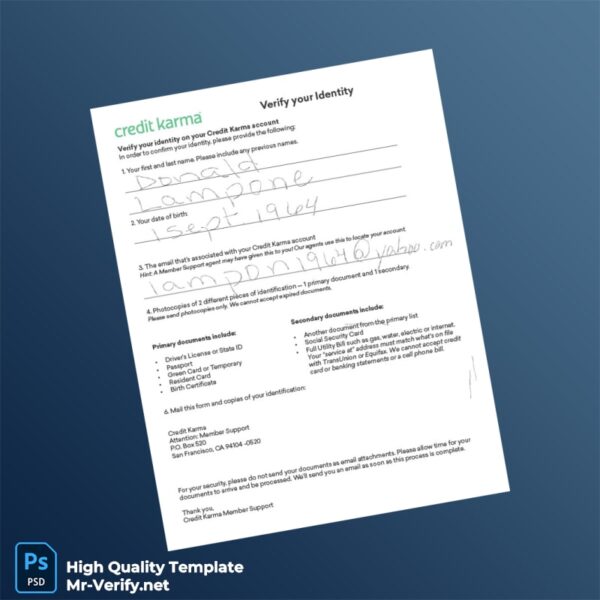 USA Credit Karma Editable Identity Verification Template in Word and PDF formats