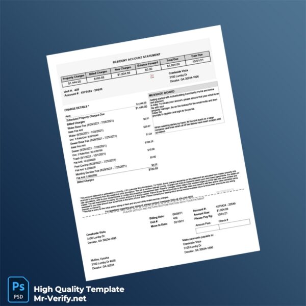 USA Creekside Vista Editable Utility Billing Statement Template in Word and PDF formats