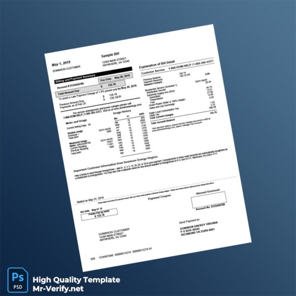 USA Dominion Energy Editable Electricity Bill Template in Word and PDF formats