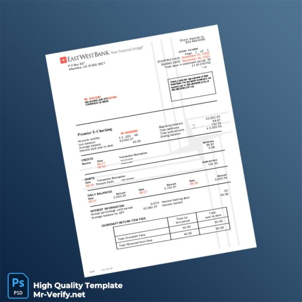 USA East West Bank Statement Template in Word and PDF formats