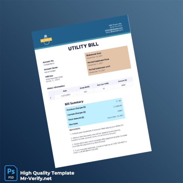 USA Editable Utility Bill Template in Word and PDF formats