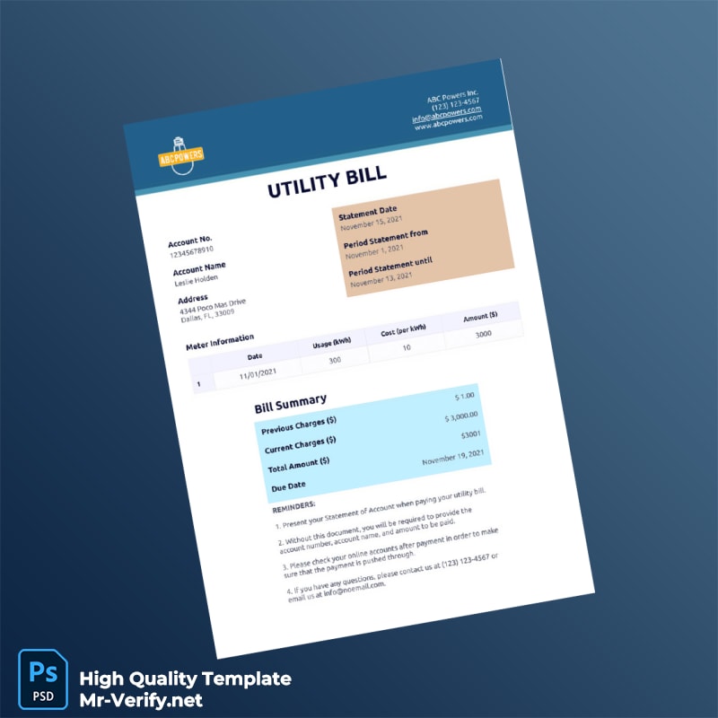USA Editable Utility Bill Template in Word and PDF formats USA Editable Utility Bill Template in Word and PDF formats