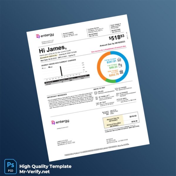 USA Entergy Louisiana Editable Electricity Bill Template in Word and PDF formats 2 page