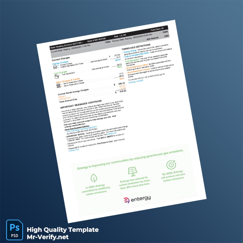 USA Entergy Louisiana Editable Electricity Bill Template in Word and PDF formats 2 page USA Entergy Louisiana Editable Electricity Bill Template in Word and PDF formats 2 page