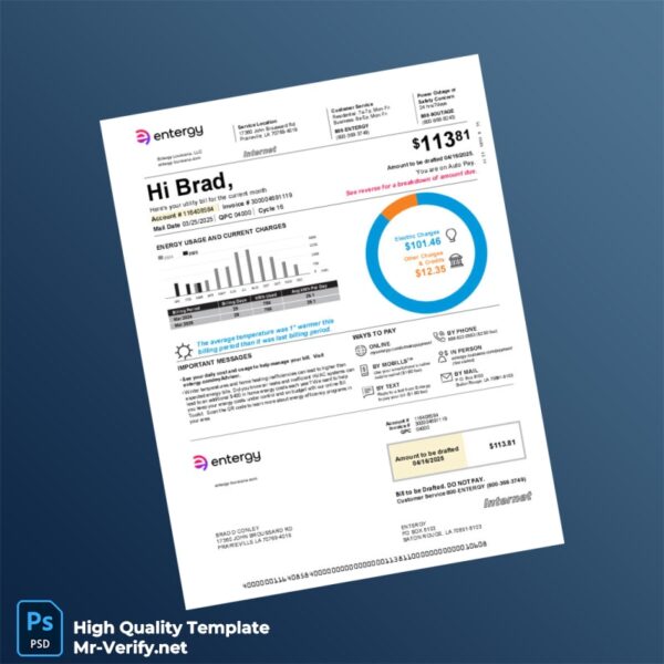 USA Entergy Louisiana Editable Utility Bill Template in Word and PDF formats 2 page