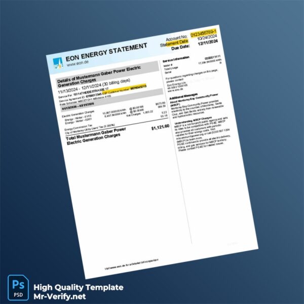 USA Eon Energy Editable Electricity Bill Template in Word and PDF formats