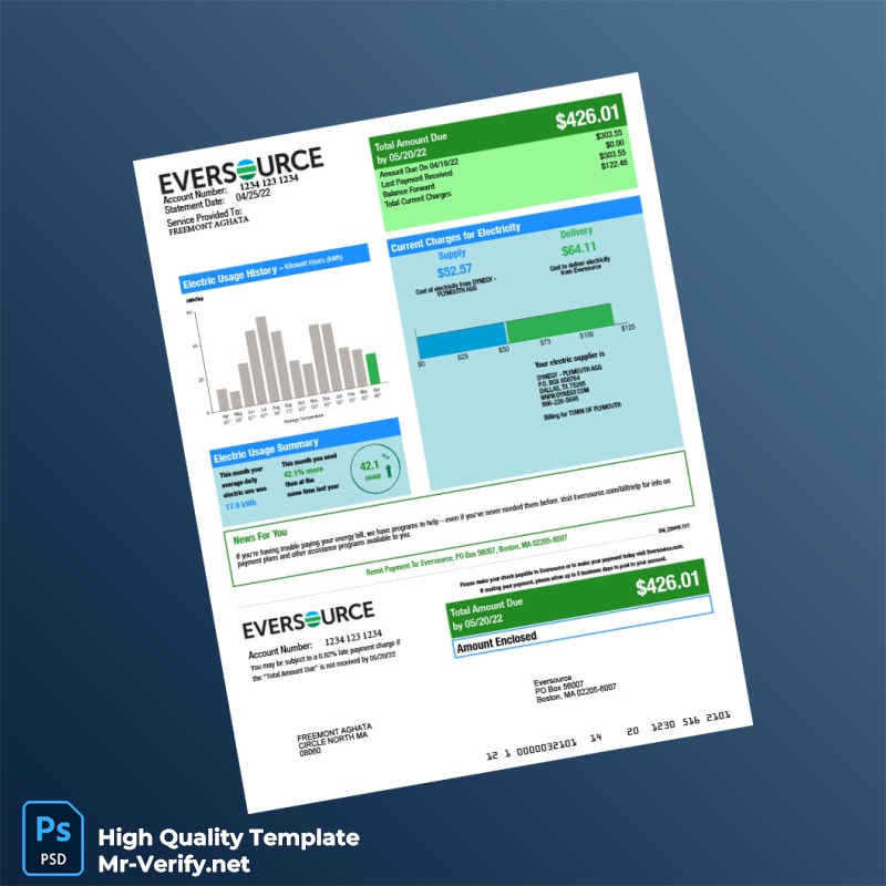 USA Eversource Editable Electricity Bill Template in Word and PDF formats 3 page USA Eversource Editable Electricity Bill Template in Word and PDF formats 3 page