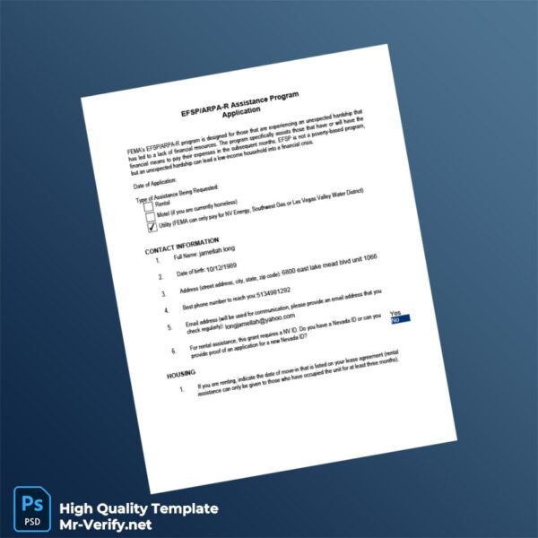 USA FEMA Editable Utility Bill Assistance Application Template in Word and PDF formats 3 page