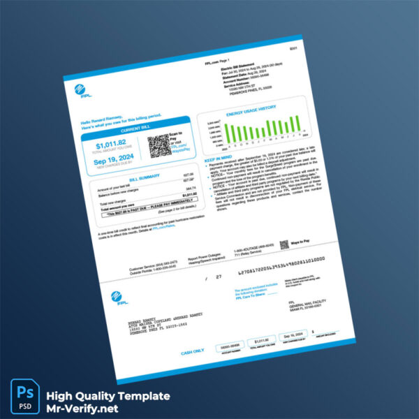 USA FPL Editable Electric Bill Template in Word and PDF formats 2 page
