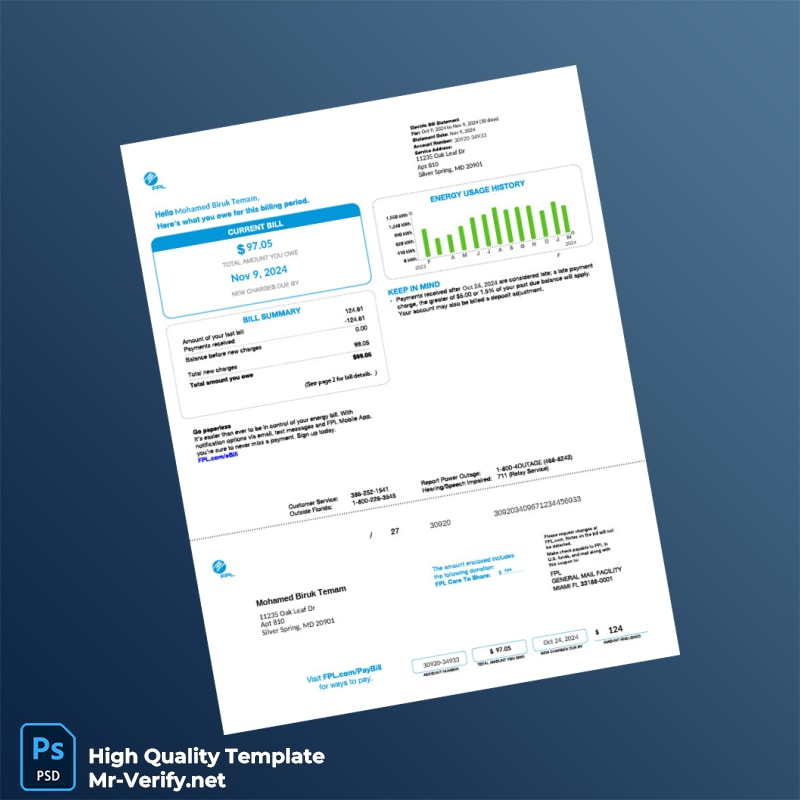 USA FPL Editable Utility Bill Template in Word and PDF formats 2 page USA FPL Editable Utility Bill Template in Word and PDF formats 2 page