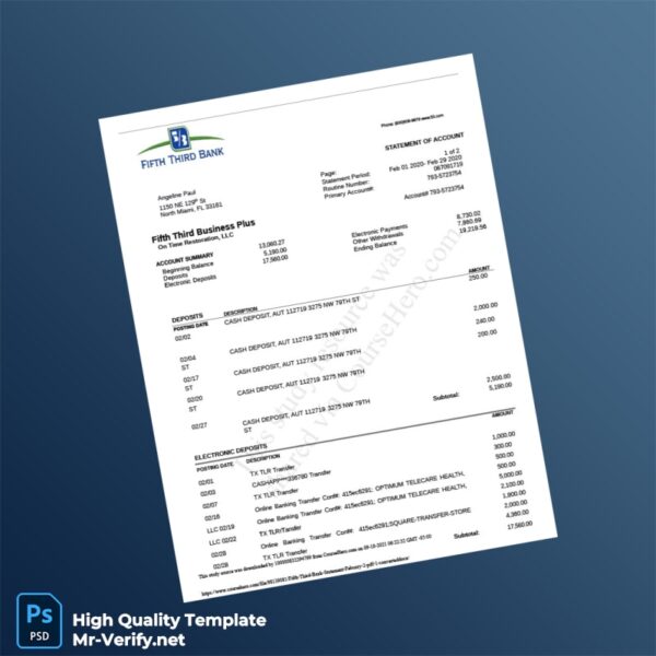 USA Fifth Third Bank Statement Template in Word and PDF formats 2 page