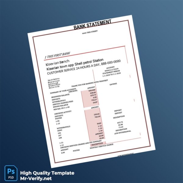 USA First Bank Bank Statement Template in Word and PDF formats 2 page