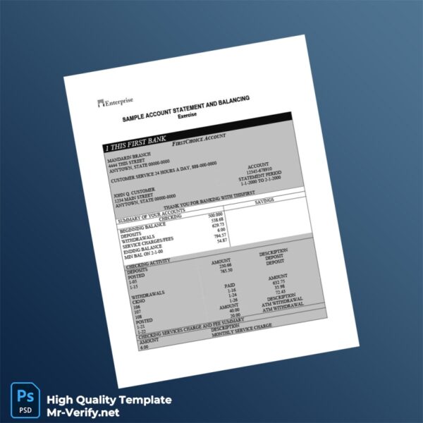 USA First Bank Sample Account Statement Template in Word and PDF formats 2 page