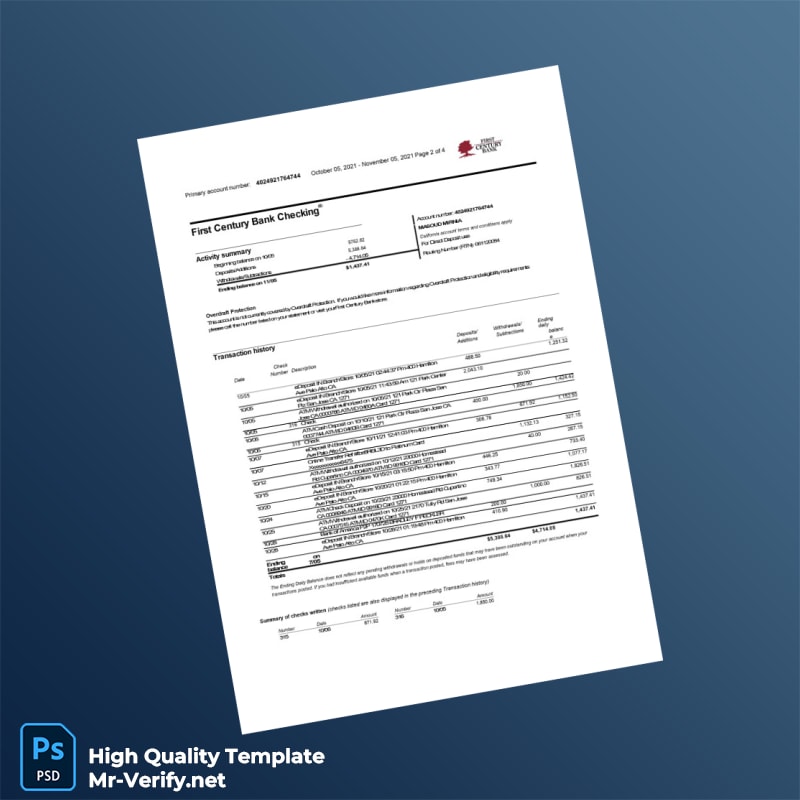 USA First Century Bank Bank Statement Template in Word and PDF formats 4 page USA First Century Bank Bank Statement Template in Word and PDF formats 4 page