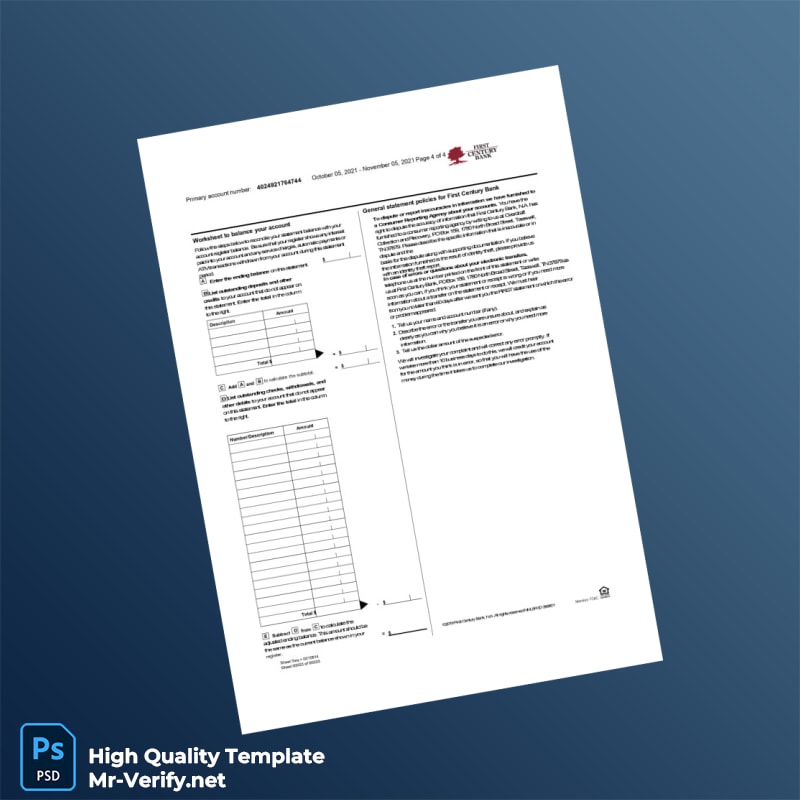 USA First Century Bank Bank Statement Template in Word and PDF formats 4 page USA First Century Bank Bank Statement Template in Word and PDF formats 4 page