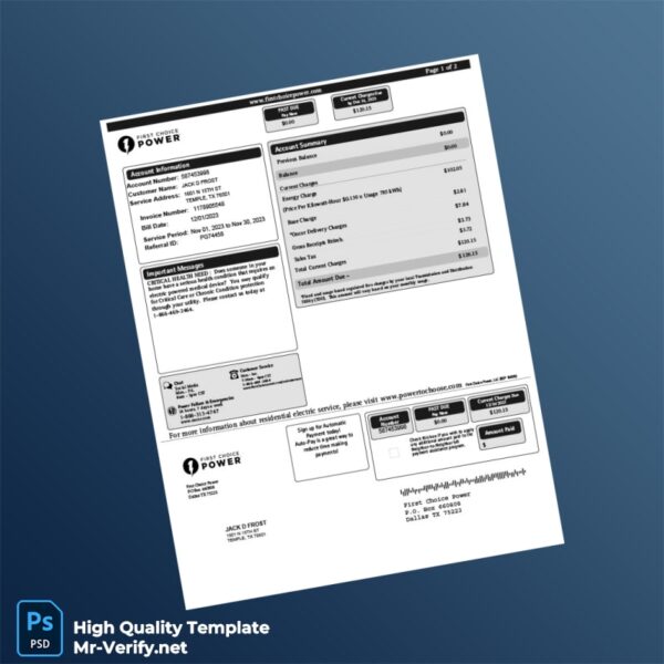 USA First Choice Power Editable Electricity Bill Template in Word and PDF formats 2 page