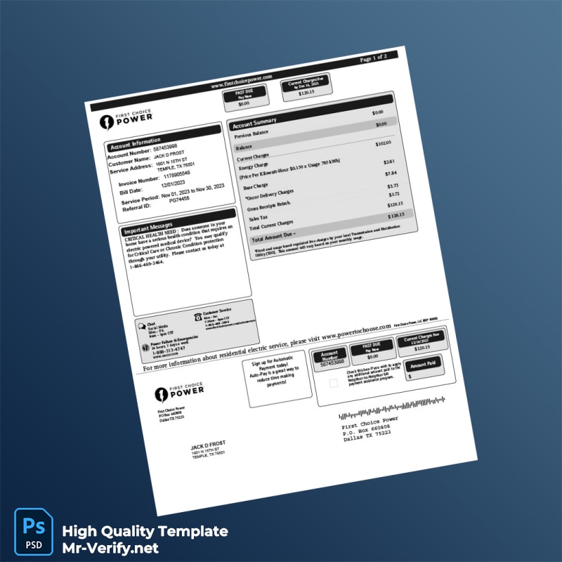USA First Choice Power Editable Electricity Bill Template in Word and PDF formats 2 page USA First Choice Power Editable Electricity Bill Template in Word and PDF formats 2 page