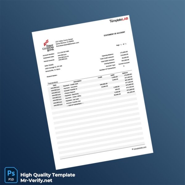 USA First Citizens Bank Bank Statement Template in Word and PDF formats 2 page
