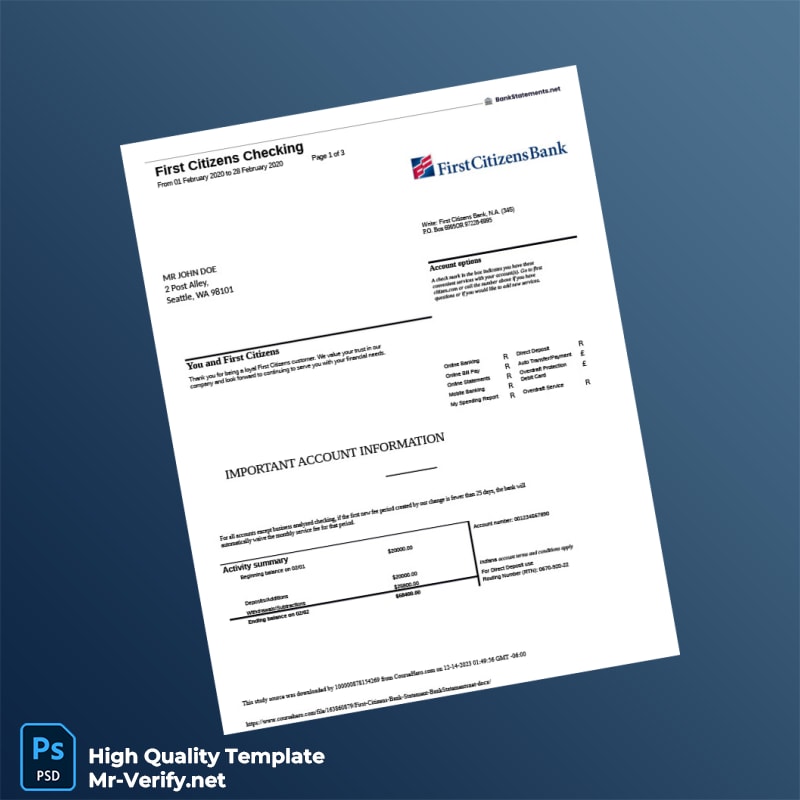 USA First Citizens Bank Statement Template in Word and PDF formats 3 page USA First Citizens Bank Statement Template in Word and PDF formats 3 page