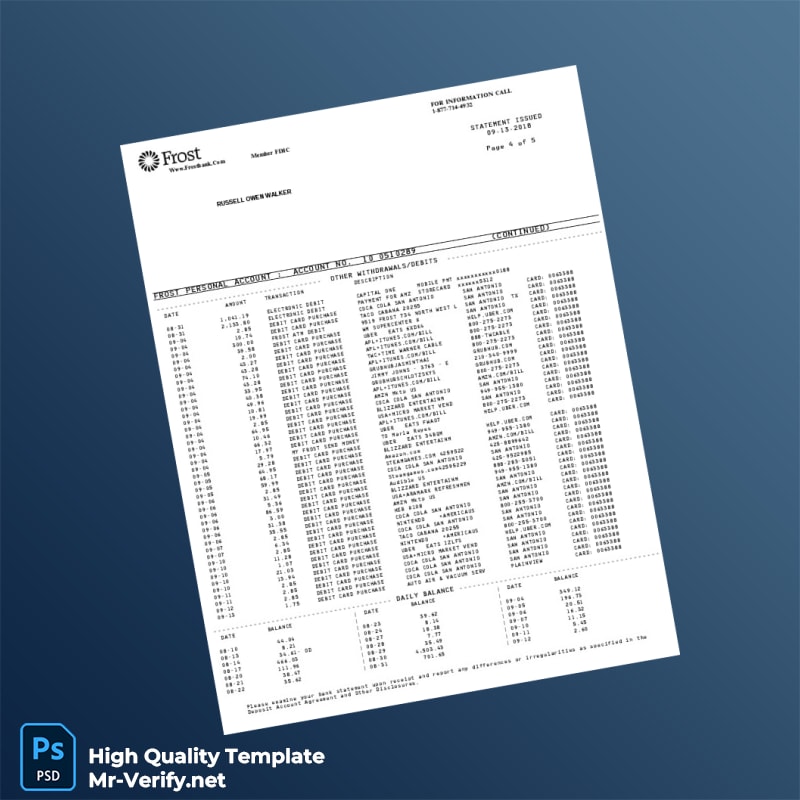 USA Frost Bank Statement Template in Word and PDF formats 6 page USA Frost Bank Statement Template in Word and PDF formats 6 page