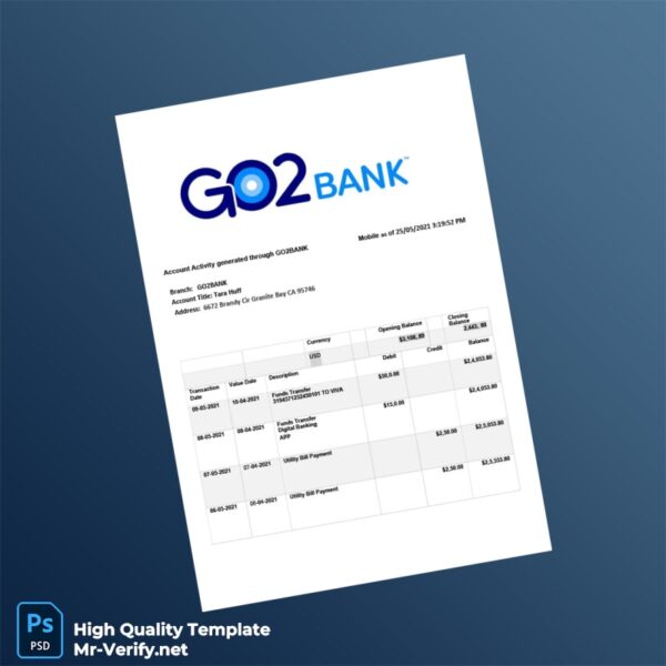 USA GO2BANK Editable Bank Statement Template in Word and PDF formats 2 page
