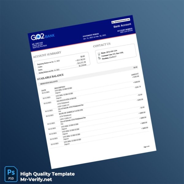 USA GO2bank Bank Statement Template in Word and PDF formats 6 page