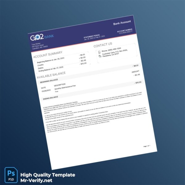 USA Go2 Bank Statement Template in Word and PDF formats