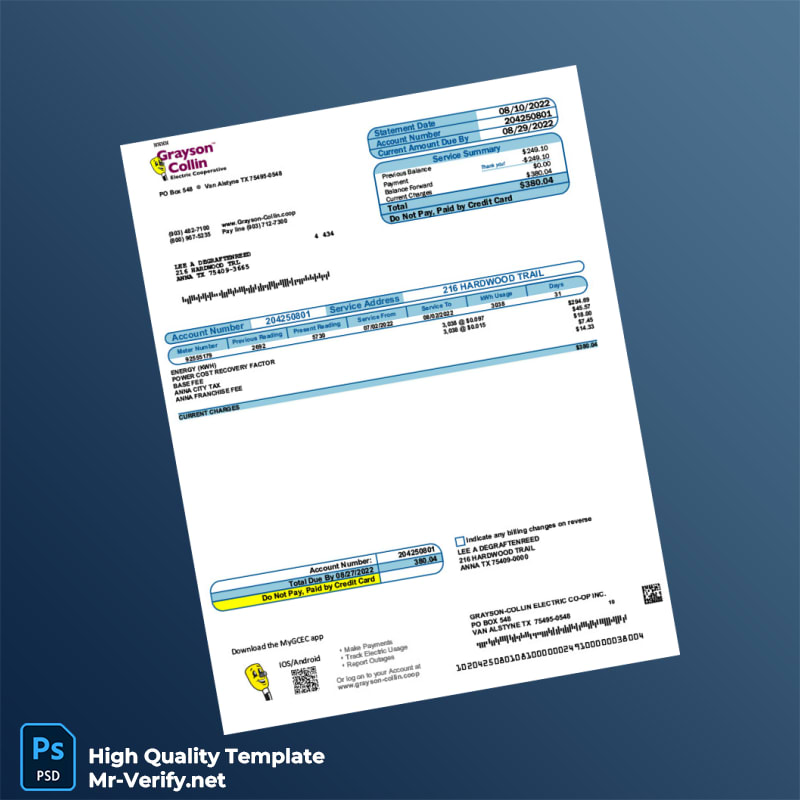 USA Grayson-Collin Electric Cooperative Editable Electricity Bill Template in Word and PDF formats 2 page USA Grayson-Collin Electric Cooperative Editable Electricity Bill Template in Word and PDF formats 2 page