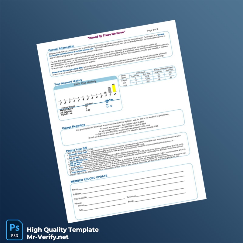 USA Grayson-Collin Electric Cooperative Editable Electricity Bill Template in Word and PDF formats 2 page USA Grayson-Collin Electric Cooperative Editable Electricity Bill Template in Word and PDF formats 2 page