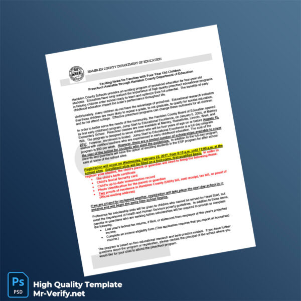 USA Hamblen County Department of Education Editable Preschool Registration Template in Word and PDF formats