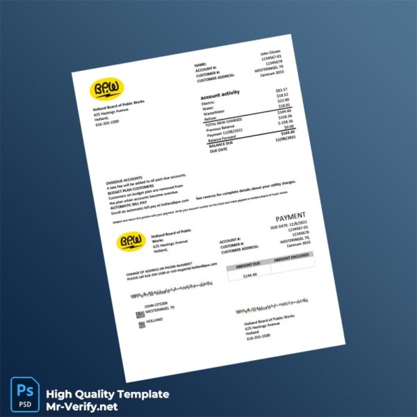 USA Holland Board of Public Works Editable Utility Bill Template in Word and PDF formats