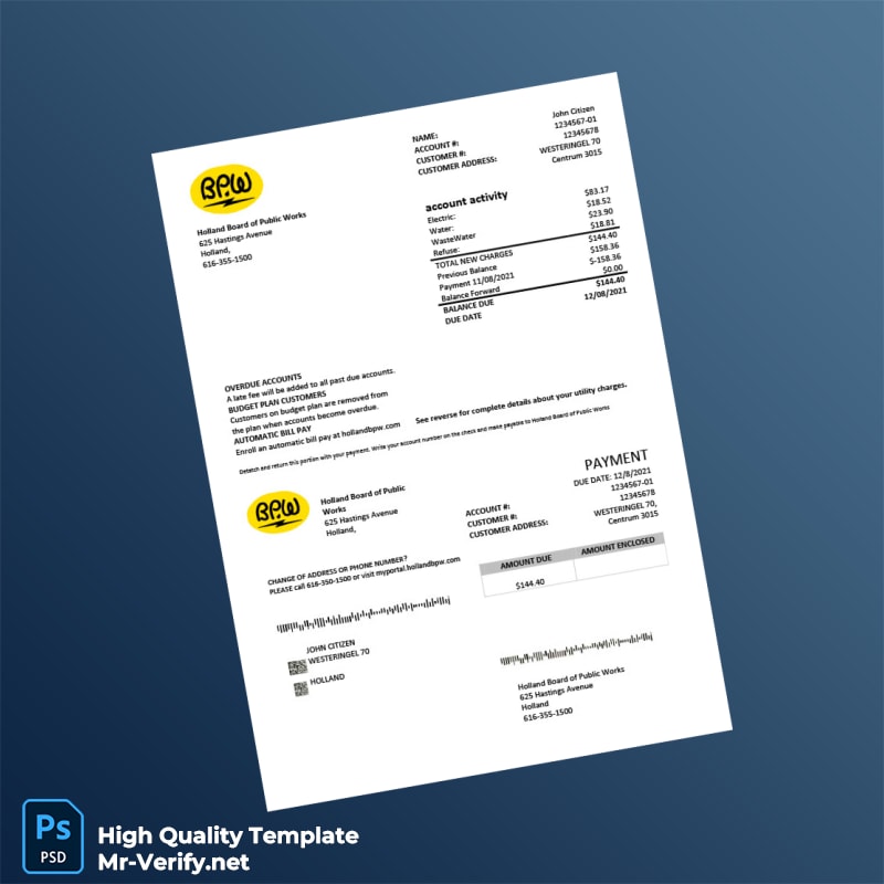 USA Holland Board of Public Works Editable Utility Bill Template in Word and PDF formats USA Holland Board of Public Works Editable Utility Bill Template in Word and PDF formats