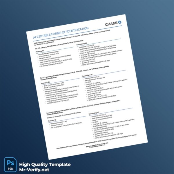 USA JPMorgan Chase Bank Editable Identification Document Template in Word and PDF formats
