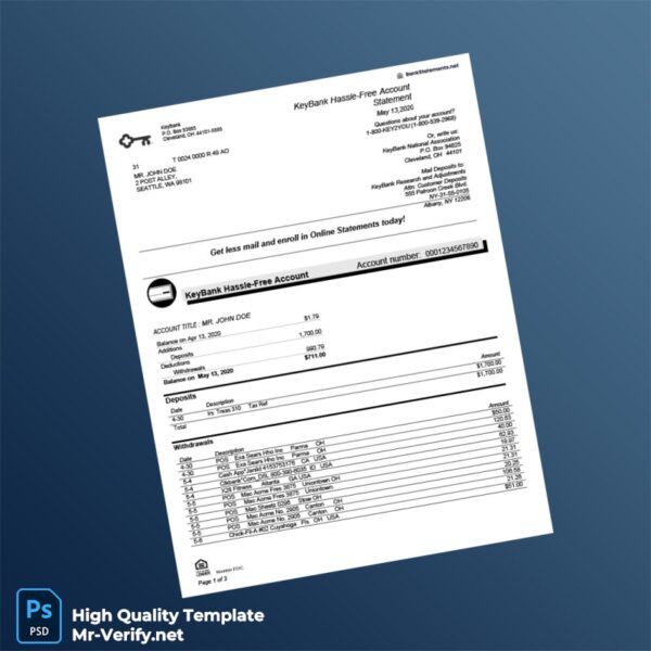 USA KeyBank Bank Statement Template in Word and PDF formats 3 page