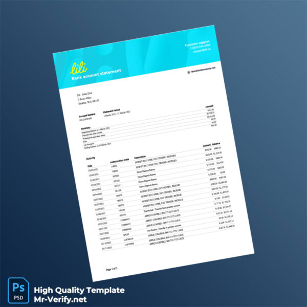 USA Lili Bank Account Statement Template in Word and PDF formats 3 page