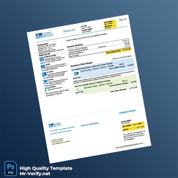 USA Los Angeles Department of Water and Power Editable Bill Template in Word and PDF formats 4 page