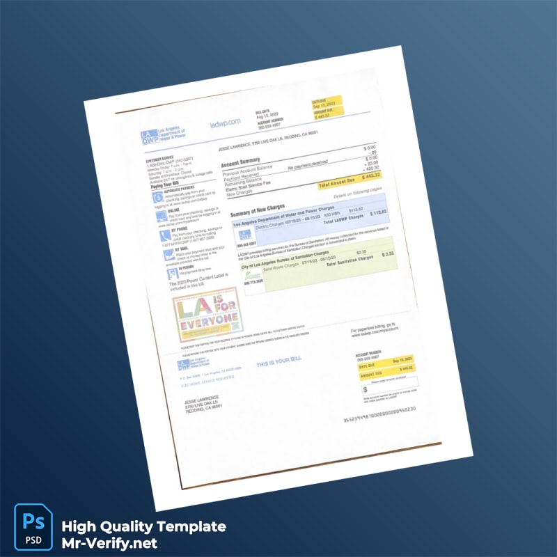 USA Los Angeles Department of Water and Power Editable Utility Bill Template in Word and PDF formats USA Los Angeles Department of Water and Power Editable Utility Bill Template in Word and PDF formats