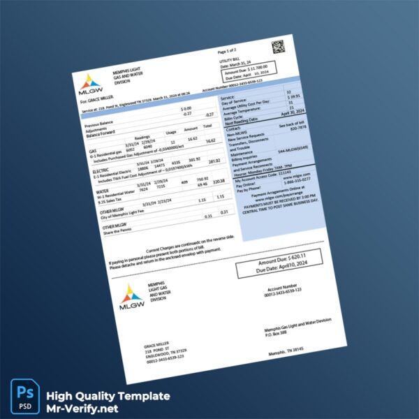USA Memphis Light Gas and Water Editable Bill Template in Word and PDF formats